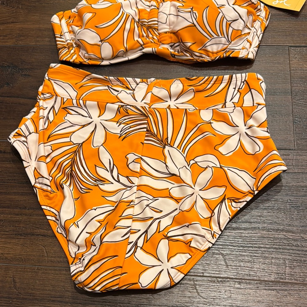 Kona Sol NWT 2 Piece Orange Floral Bikini Set. High waisted full covered bottom. - Picture 5 of 10